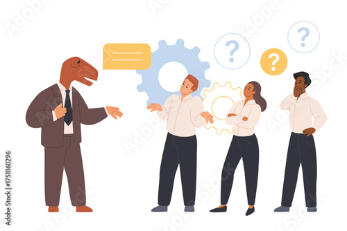 Corporate dinosaur, outdated management method of leader for office team. Problem of bad communication with tiny employees, no change from businessman with dinosaur head cartoon vector illustration
