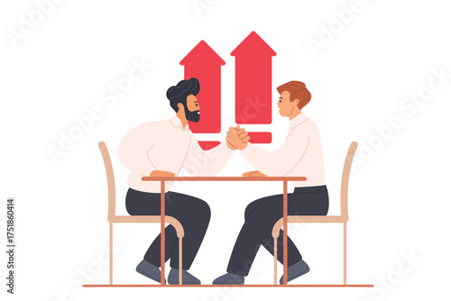 Business competition, arm wrestling fight for leadership. Two strong men sitting at table, male employees or colleague holding hand to fight and win in conflict battle cartoon vector illustration