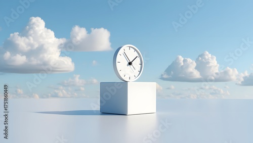 Clock on a cube against a cloudy sky representing time and space with a minimalist aesthetic