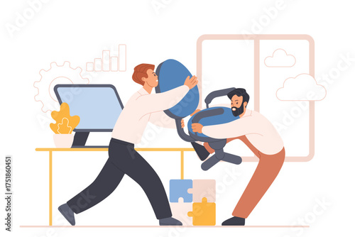 Business competition, aggressive fight for vacancy in office, career development. Employees pull chair with conflict, job candidates and competitors brawl in workplace cartoon vector illustration