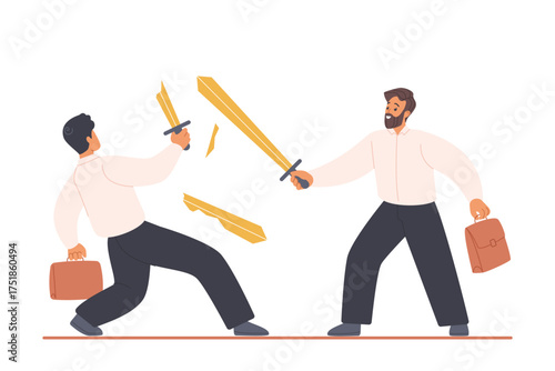 Business competition, aggressive fight and victory of leader in conflict. Two male employees with briefcases fight with swords, winner and loser with broken weapon cartoon vector illustration