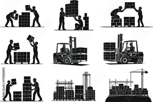 Warehouse and construction worker silhouette set featuring men stacking boxes and operating forklifts near a crane and scaffolding, vector illustration for logistics and labor concepts.