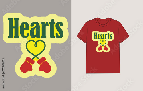 Red mittens green hearts graphic with text Hearts gloves
