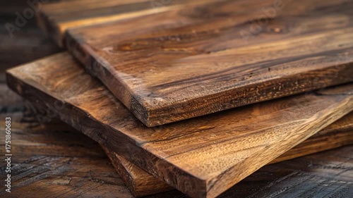 Stack of wooden cutting boards on a wooden table, great for kitchen or foodie photography