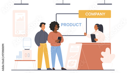 Business exhibition, promo advertising and information display on tradeshow event. Woman promoter with pointer showing commercial product presentation to visitors couple cartoon vector illustration