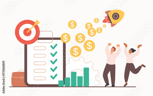Business project done, team achievement finish and celebration by entrepreneurs. Tiny happy people complete startup together, checklist and flying rocket with money rain cartoon vector illustration