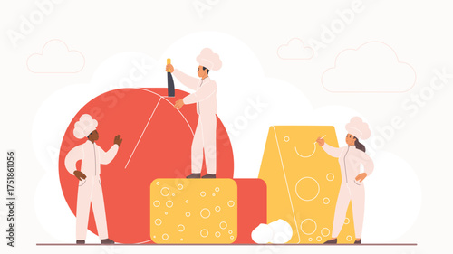Cheese production, tasting of gourmet fat dairy product, delicatessen and gastronomy. Tiny people cut open head of cheese, cheesemakers in white uniform and chefs hat cartoon vector illustration