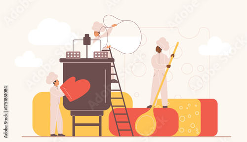 Cheese production on factory, food manufacture, cheesemaking process. Tiny people pour milk into cheese making machine, cheesemakers in chefs hats produce dairy product cartoon vector illustration