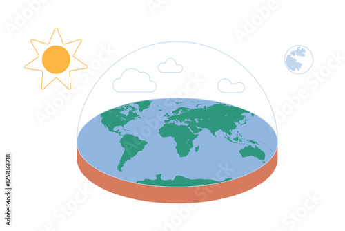 Fake conspiracy theory of flat planet Earth, hoax and misleading false ideas spread in social media and TV. Flat model of globe with world map, air dome, sun and moon cartoon vector illustration