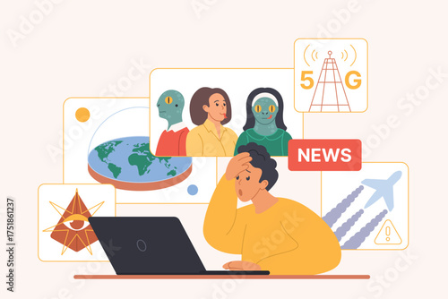 Conspiracy theory spreading online, paranoia. Tiny man with panic sitting at computer to read false facts about flat Earth and 5G danger, reptilians in crowd of people cartoon vector illustration
