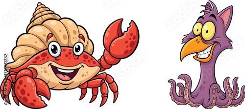 Cartoon crab and bird-octopus hybrid, cute animal characters, vector illustration, white background, playful design, children’s content, whimsical creature, smiling faces