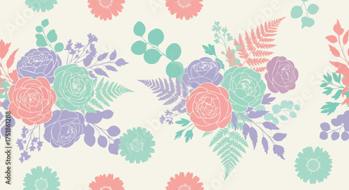 Pastel floral pattern with roses, ferns, and daisies in pink, purple, and mint green on a cream background
