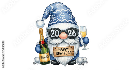 Happy New Year 2026 gnome illustration with snowflake hat, holding champagne glass and bottle, festive winter celebration, joyful holiday greeting