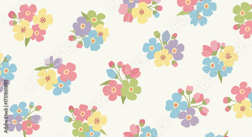 Seamless pattern featuring cheerful clusters of stylized forget-me-not flowers in bright pastel pink, yellow, blue, and purple hues on a light background