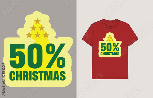Stylized golden star christmas tree graphic with 50 percent off text yellow