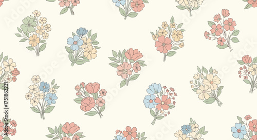 A charming seamless pattern showcases various hand-drawn floral bouquets, displaying a delightful array of colorful blooms on a soft cream background.