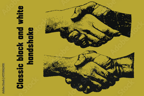 Halftone retro Handshake for grunge punk Y2K collage design vector illustration. Vintage patch set with hands of entrepreneurs and partners reaching out to each other