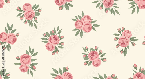 Elegant floral pattern featuring pink roses and green leaves arranged in a repeating design on a cream background, perfect for textiles and decorative projects.