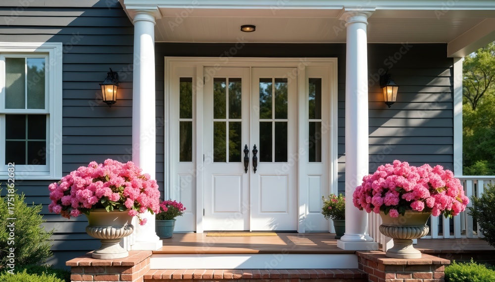 Fototapeta premium Beautiful house front entrance with classic white double doors. Dark grey siding, bright white columns frame inviting porch. Large pink azalea flowers bloom in elegant planters on brick steps.