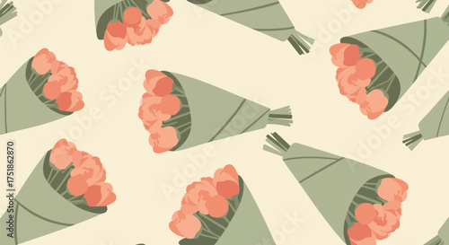A repeating pattern showcases bouquets of vibrant pink flowers wrapped in green paper, creating a cheerful and decorative design for various applications.