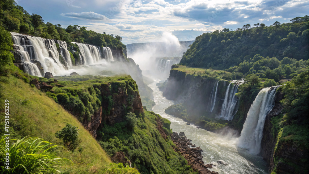 Fototapeta premium Spectacular multi-tiered waterfalls with massive mist clouds, verdant gorge walls, lush vegetation, river below, and blue sky.