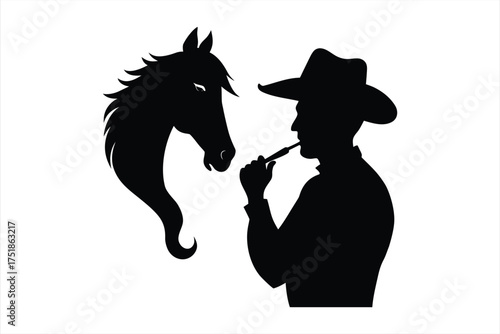 black cowboy smoking pipe with horse vector on the white background