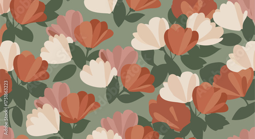 An elegant floral pattern showcases a repeating design of stylized flowers in shades of orange, pink, and white, set against a muted green backdrop.