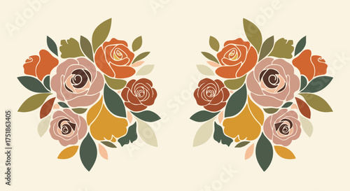 Two symmetrical floral bouquets with roses and leaves in warm tones, creating a balanced and aesthetically pleasing botanical design on a cream background.