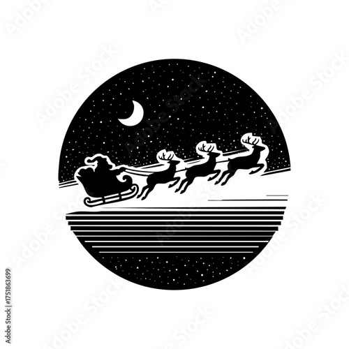 Santa’s sleigh flying across a snowy night sky with reindeer under the crescent moon, evoking the magic of Christmas Eve.
