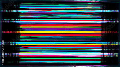 A vibrant abstract pattern featuring horizontal stripes in various colors, creating a glitchy, digital effect