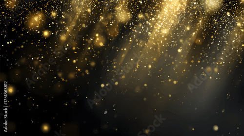 A shimmering background of golden particles and light rays against a dark backdrop