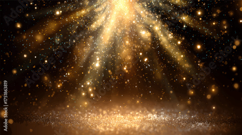 A beautiful abstract background featuring golden light rays and sparkling particles, creating a magical and festive atmosphere