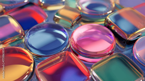 A colorful arrangement of glossy, rounded and square glass-like shapes reflecting light