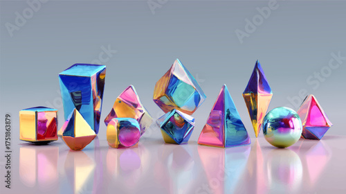 A collection of colorful, reflective geometric shapes including cubes, spheres, and pyramids arranged artistically on a smooth surface