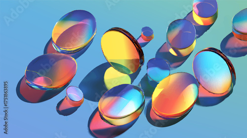 A collection of colorful, translucent glass shapes reflecting light on a blue background