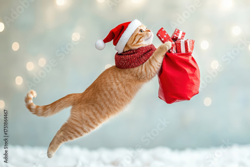 Orange cat in Santa costume jumping with red gift bag on red background