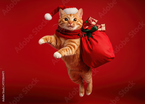 Adorable Christmas cat wearing Santa hat and scarf with red gift bag