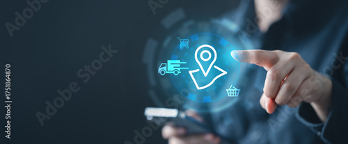 Photos A person using a smartphone to track delivery location in real time, symbolizing logistics management, courier service, route optimization, and live shipping status in e-commerce operations