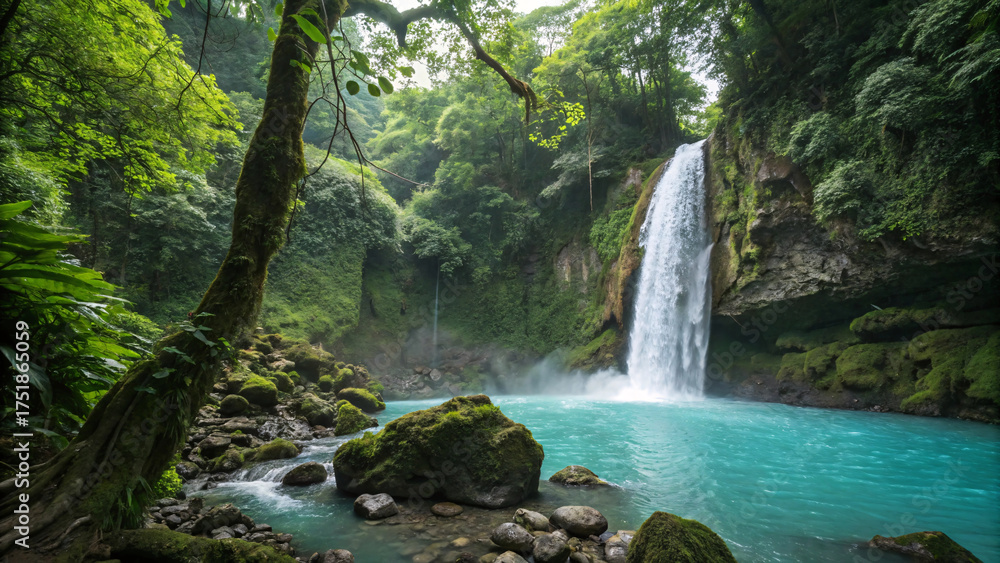 Naklejka premium Dramatic waterfall descending into azure pool surrounded by dense jungle, moss-covered boulders, and misty tropical forest atmosphere.