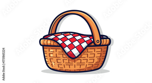 Woven Picnic Basket with Red and White Gingham Cloth.