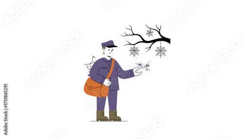 Halloween postman delivering spooky mail with spider webs on a bare tree branch