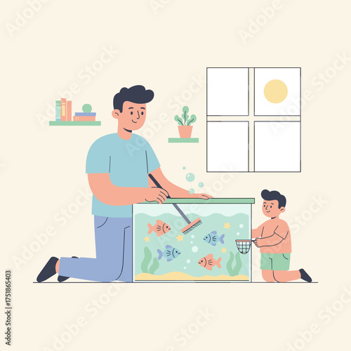 Man and boy happily cleaning aquarium illustrating pet care family bonding and home life