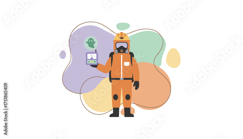 Ghost hunter in hazmat suit with detector and spirit symbolizing mystery safety and Halloween fun
