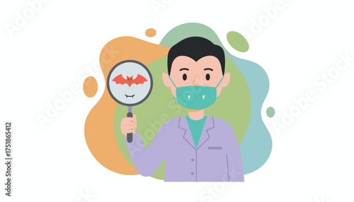 Professional in vampire mask examines bat with magnifying glass for Halloween