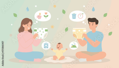 Parents compare reusable and disposable diapers for their baby considering sustainability cost and convenience