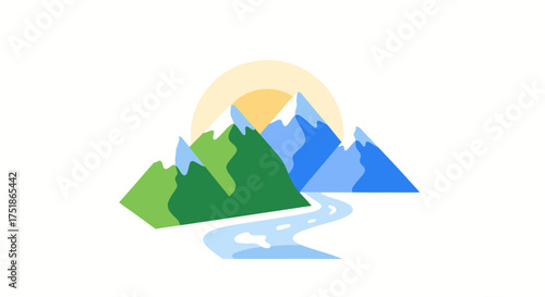 Stylized Mountain Range with River and Sun Illustration.