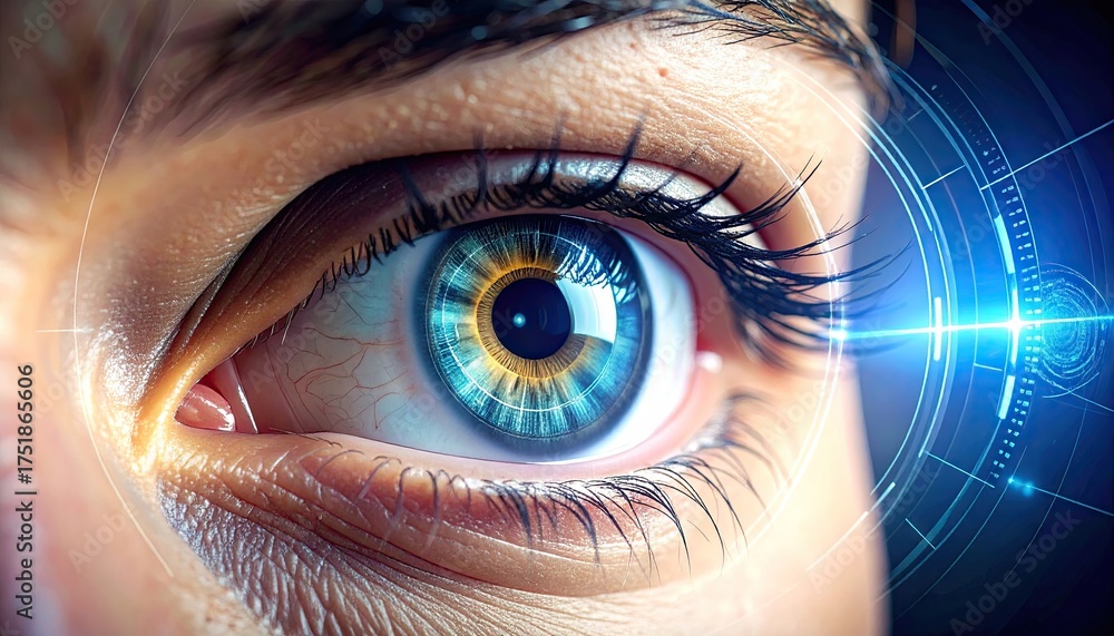 Obraz premium Close Up of Human Eye with Blue and Gold Iris Detail and Futuristic Geometric Overlay on Dark Background Ophthalmology and Visual Technology