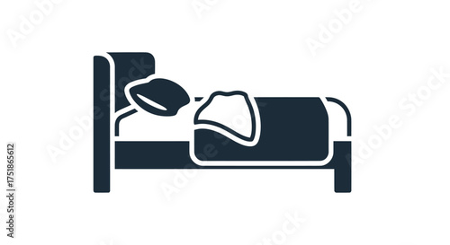 Dark silhouette icon of a single bed with a headboard pillow and duvet.