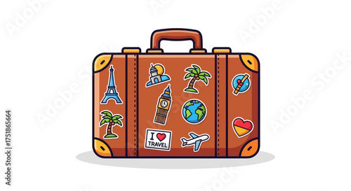 Vintage brown suitcase adorned with travel destination stickers.