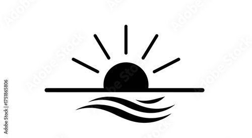 Minimalist Icon of a Sunrise Over Wavy Water.
